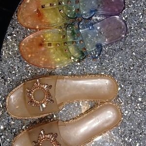 Elegant Women's Sandals with Gold and Multicolor Design